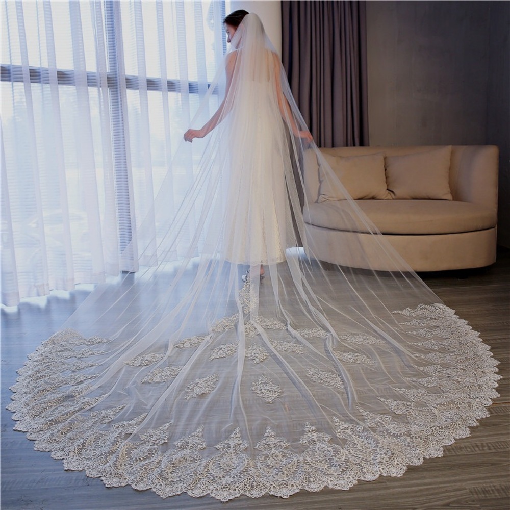 Elegant Long Lace-Edged Bridal Veil in White 3.5M